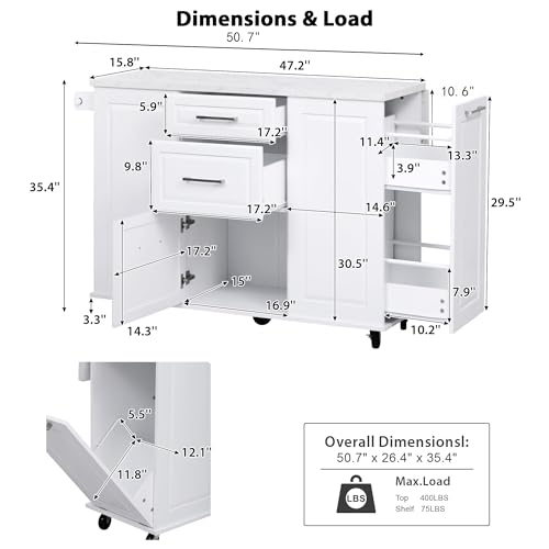 Kitchen Island with Trash Can Storage Cabinet and Faux Marble Top | White, 50.7" Rolling Kitchen Cart on Wheels with Drop Leaf, Spice Rack, Towel Rack and Adjustable Shelf for Dining Room - color: White