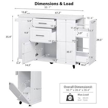 Kitchen Island with Trash Can Storage Cabinet and Faux Marble Top | White, 50.7" Rolling Kitchen Cart on Wheels with Drop Leaf, Spice Rack, Towel Rack and Adjustable Shelf for Dining Room - color: White