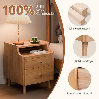 Nightstand with Drawers, Pre-Assembled, 19.7" H Natural Solid Wood Night Stand with Open Sliding Shelf, Mid Century Modern Small Bedside Table Cabinet for Bedroom, Natural Oak 16" - color: Oak, size: 16"