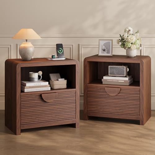 23" Wide Fluted Nightstands Set of 2 with Charging Station, Wood Bedside Tables with Drawer and Open Compartment, Mid Century End Tables for Bedroom, Home Office, Walnut - color: Walnut, size: 2 pcs