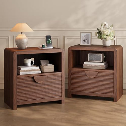 23" Wide Fluted Nightstands Set of 2 with Charging Station, Wood Bedside Tables with Drawer and Open Compartment, Mid Century End Tables for Bedroom, Home Office, Walnut - color: Walnut, size: 2 pcs