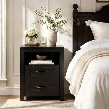 Farmhouse Night Stand, Rustic Black Nightstand for Bedroom, End Tables with Charging Station, Bedside Table with Drawers, Wood Bedside Cabinet Dresser - color: Black, size: 1pcs with Charging