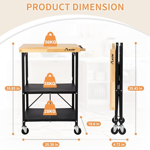 PLKOW Foldable Kitchen Cart with Solild Oak Wood Top, Rolling Kitchen Island on Wheels, 3-Tier Storage Utility Cart for Microwave, Toaster Oven, Small Spaces - color: Black