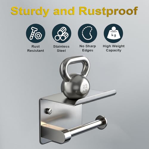 Toilet Paper Holder with Phone Shelf, Tissue Roll Holder with Storage Shelf | Adhesive or Screw Wall Mount Toilet Tissue Roll Holder for Bathroom Washroom, With 5 Stainless Hook, Rustproof, Silver