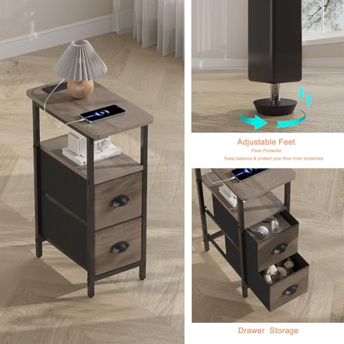 sthmec Narrow End Table with Charging Station, Narrow Side Table with 2 Fabric Drawers, LED End Table, Slim Nightstand with LED Light, Small Side Table for Small Spaces, Living Room, Bedroom, Grey - color: Grey, size: 7.87'' W x 15.75'' D x 24.37'' H, sty