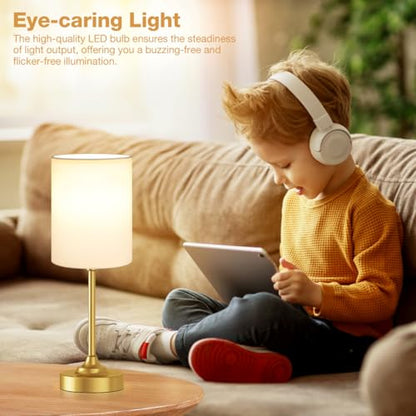 Gold Nightstand Bedroom Lamp - 3 Way Dimmable Bedside Lamp, Small Table Lamp Linen Lampshade for Office Desk, LED Bulb Included - color: White Shade-Gold Base, size: 14" Touch Control