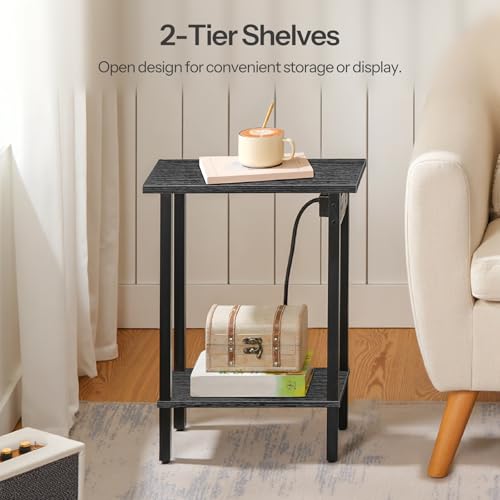 HOOBRO Small End Table with Charging Station, Narrow Side Table with USB Port and Outlets, Skinny Sofa Table, Slim Nightstand, Living Room, Bedroom, Black BK240UBZ01 - color: Black, size: 7.9"L x 15.7"W x 22.6"H