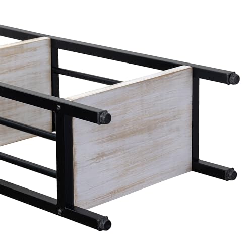 MyGift 4 Tier Shabby White Washed Solid Wood and Matte Black Metal Bathroom Floor Standing Shelf, Decorative Rectangular Bath Supplies Storage Shelving Stand