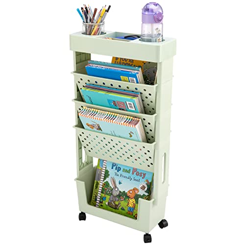 Rolling Office Paper Organizer, Mobile Book Cart Document Folder File Storage with Pen Holder, Slim Rolling Storage Cart Movable Bookshelf for Office, Dorm, Classroom, Nursery, Green - color: Green