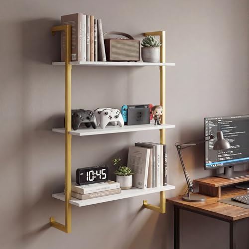 Giantex 3-Tier Wall-Mounted Bookshelf, Modern Floating Storage Display Shelves with Metal Frame, Wood Open Ladder Bookcase for Living Room, Home Office, Kitchen, White + Gold - color: White + Gold