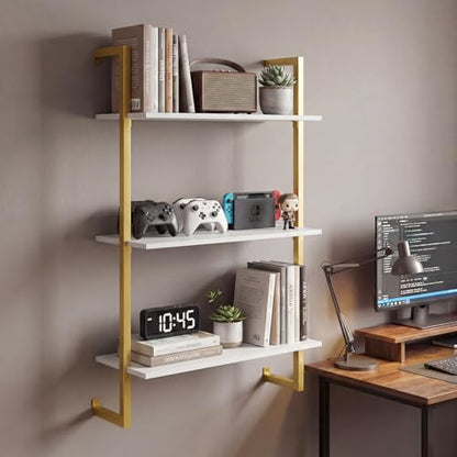 Giantex 3-Tier Wall-Mounted Bookshelf, Modern Floating Storage Display Shelves with Metal Frame, Wood Open Ladder Bookcase for Living Room, Home Office, Kitchen, White + Gold - color: White + Gold