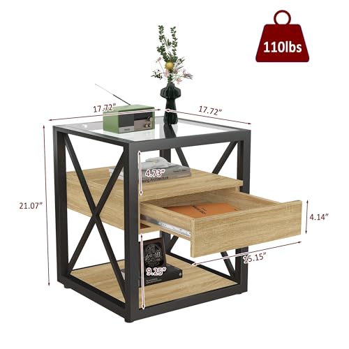 Bellemave 1 piece Small End Table with Drawer, Nightstand for Bedroom & Living Room, Wood MDF &Tempered Glass, Metal Frame, Industrial Style Side Table,Easy Assemble, Natural - style: with drawer