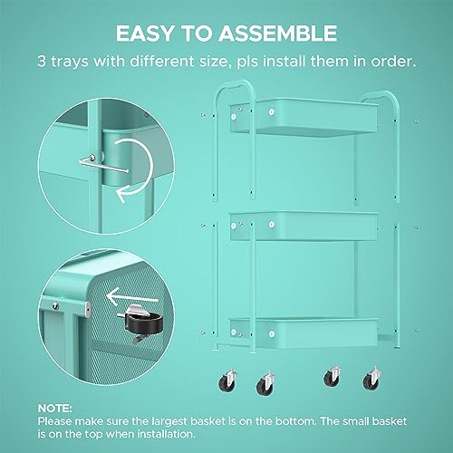 MAX Houser 3-Tier Rolling Utility Cart with Caster Wheels,Easy Assembly, for Kitchen, Bathroom (Turquoise) - color: Turquoise, size: 3-Tier Standard Cart