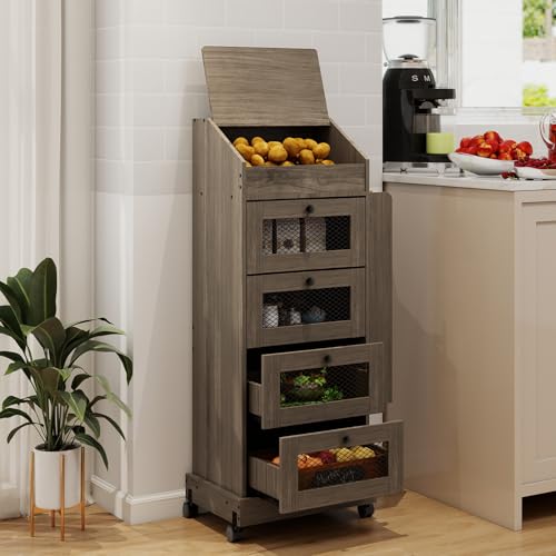 ARTETHYS Potato Storage Bin 5-Tier Rolling White Bread Box with Side Rack | Onion Keeper with Spice Rack on Wheels, Movable Fruit & Vegetable Container with 4 Ventilated Drawers for Kitchen - color: Gray