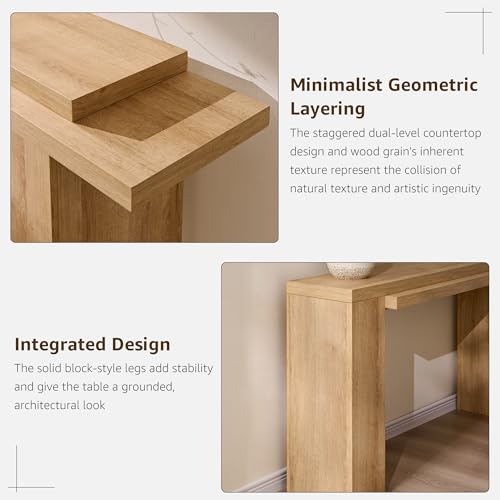 OKD 63" Modern Geometric Console Table with Layered Top, Natural Oak | Extended Layered Top, Sturdy Support Legs, Entryway, Hallway, Foyer, Living room, Behind Sofa - color: Natural Oak