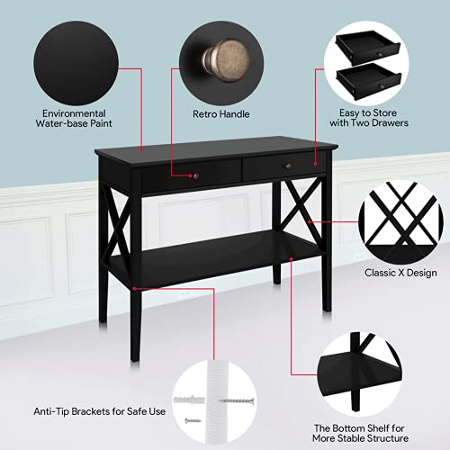 ChooChoo Console Table with Drawers, Narrow Wood Accent Sofa Table Entryway Table with Storage Shelf for Entryway, Front Hall, Hallway, Living Room, Black | 11.8"D x 39.4"W x 31.5"H, Console Table, Narrow Wood Accent Sofa Table for Entryway, Front Hall, H