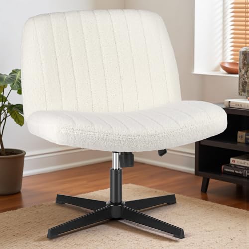OLIXIS Criss Cross Chair, Vanity Chair, Home Office Desk | Cute Furry Teddy Fleece, Height Adjustable, Armless Wide Seating for Bedroom Student Study Room, Teddy Beige No Wheel - color: Teddy Beige No Wheel