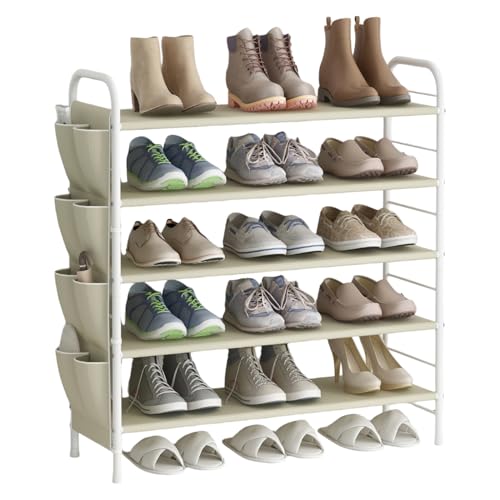 SUOERNUO Shoe Rack Storage Organizer 5 Tier Free Standing Metal Shoe Shelf Shoe Organizer with Side Shoes Pockets for Entryway Closet Bedroom, Beige - color: Beige, size: 5 Tier