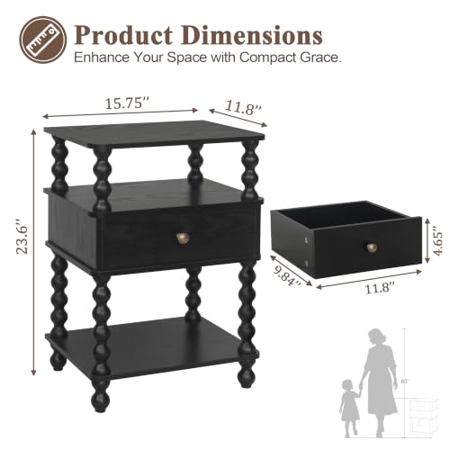 AWASEN Black Nightstand, Bed Side Table Bedroom with Drawer, 3-Tier Small Night Stand End Table with Storage for Small Spaces &Solid Wood Spindle Legs, Black - color: Black