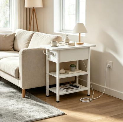 WLIVE 3-Tier End Table with Charging Station, Flip Top Side Table with Storage Shelf, Sofa Couch Table with USB Ports and Outlets, Narrow Bedside Table for Living Room, Bedroom - color: White