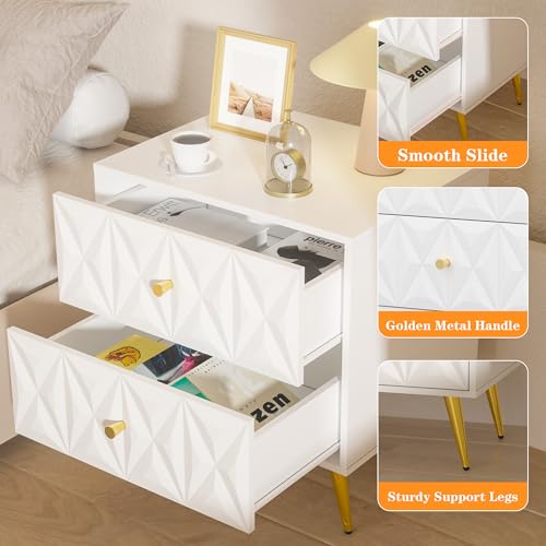 Nightstand Set of 2, White and Gold Nightstands with 2 Diamond Pattern Drawers, Modern End Table Side Table with Gold Handle & Legs for Bedroom