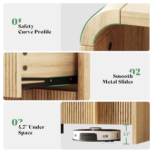 AMERLIFE Fluted Night Stand with Storage Drawers, Modern Small Nightstand & Bedside Table with Open Shelf, Curved Profile Design & Pine Handles, Wood End Table for Bedroom, Oak - color: Oak