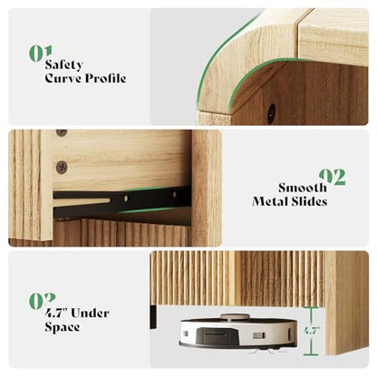 AMERLIFE Fluted Night Stand with Storage Drawers, Modern Small Nightstand & Bedside Table with Open Shelf, Curved Profile Design & Pine Handles, Wood End Table for Bedroom, Oak - color: Oak
