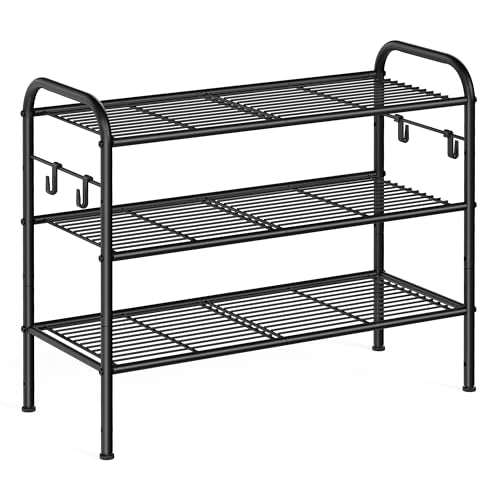 SONGMICS Shoe Rack, 3-Tier Shoe Organizer, Metal Shoe Shelf Storage with 4 Side Hooks, Holds 12 Pairs of Shoes, Height-Adjustable Shoe Rack for Entryway, Hallway, Closet, Ink Black ULMR068B01 - size: 3 Tiers (26.7"W)