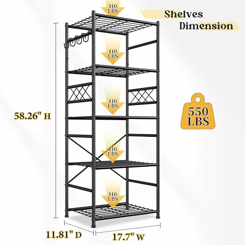DurayLoly Metal Shelving with Hooks & Side Panel for Pantry Storage, 5-Tier | More dense wire diameters, Reinforcing Ribs, Leveling Feet, easy assembly, 550LBS Heavy Duty Shelving, Kitchen Laundry Room - size: 17.7" W x 11.81" D x 58.26" H (5T)