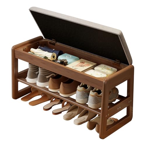 AQIMUELE Shoe Rack Bench,2 Tiers Shoe Bench with Storage with Flip-Top,Wood Shoe Rack for Entryway,Hallway（Walnut Upholstered Seat,11.8" D x 31.5" W x 15.7" H） - color: Walnut Upholstered Seat, size: 11.8"D x 31.5"W x 15.7"H