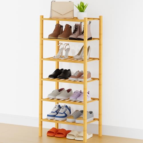 Smiry Small Bamboo Shoe Rack, 6 Tier Free Standing Wooden Shoe Organizer, Stackable Wood Shoe Storage Shelf for Closet, Entryway, 14 Vertical Slats, 2+2+2 Stack Thicker Legs, 17.3"x11"x39", Natural - color: Natural, size: 17.32" Wide - 6 Tier - Thicker