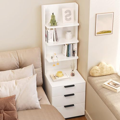 Tall Nightstand with 3 Drawers & 4 Open Shelves, Modern Bedside Table with Storage, Multifunctional Narrow Night Stand, Space-Saving End Tables for Bedroom, Small Spaces, White
