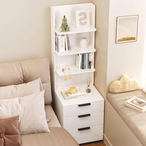 Tall Nightstand with Drawers & Open Shelves, 51.18" Bedside Storage Cabinet, Modern Free-Standing Bedroom End Table with Bookcase, Space-Saving, Easy Assembly, White