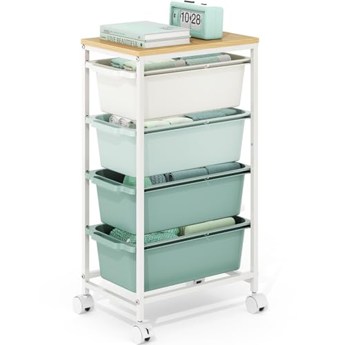 Slim Rolling Storage Cart with 4 Drawers, Craft Organizer, Wooden Tabletop Utility Cart for Bedroom, Children's Room and Office Organization, Table Side Trolley with Lockable Wheels, Green - color: Green, size: 4-Tier