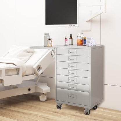 Medical Dental Assistant’s Alabama Mobile Utility Cart, Stainless Steel Storage Cabinet – 7 Drawer with Side Shelf & Handle for Professional Instrument Storage