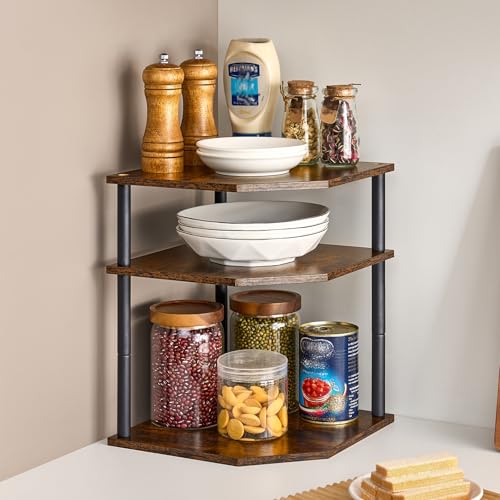 Wooden 3 Tier Corner Shelf, Countertop Storage Organizer for Kitchen Cabinets and Desk, Plates, Dishes, Bread and Small Space Decor, Adjustable