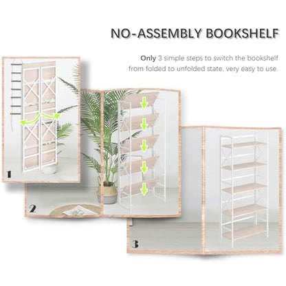 4NM 5 Tiers No Assembly Book Shelves, 51.2" H Folding Bookshelf Bookcase Open Industrial Foldable Shelves for Bedroom, Living Room, Home Office - Natural White - color: Natural White, size: XX 5-Tier