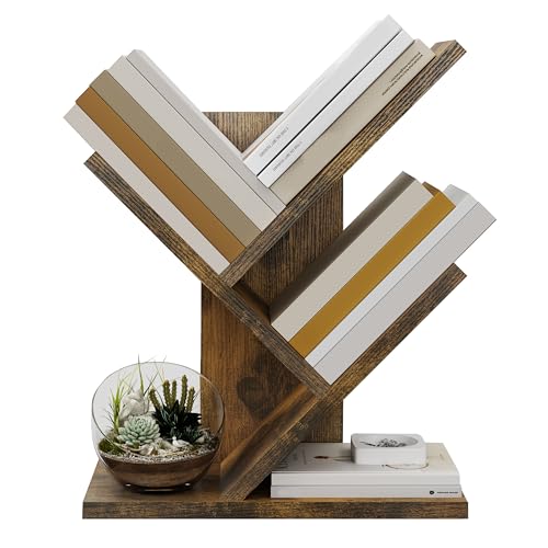 Tajsoon Tree Bookshelf 3-Tier Small Book Organizer, Rustic Brown | Mini Bookshelf, Small Bookcase, Modern Book Storage for Books/CDs, Tabletop Bookshelf for Desk, Bedroom, Living Room, Office - color: Rustic Brown
