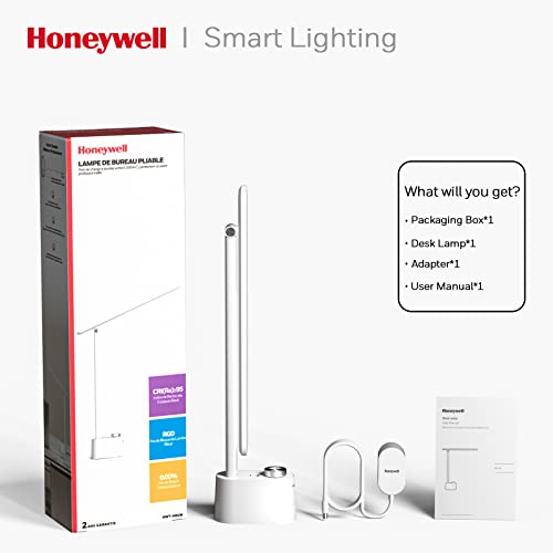 Honeywell HWT-H01 LED Desk Lamp, Foldable & Stepless Dimmable, White | Sunturalux Eye-Caring Desk Light with Charging Ports, Modern Table Lamp, Reading Lamp for Home Office Bedroom College Dorm - color: White