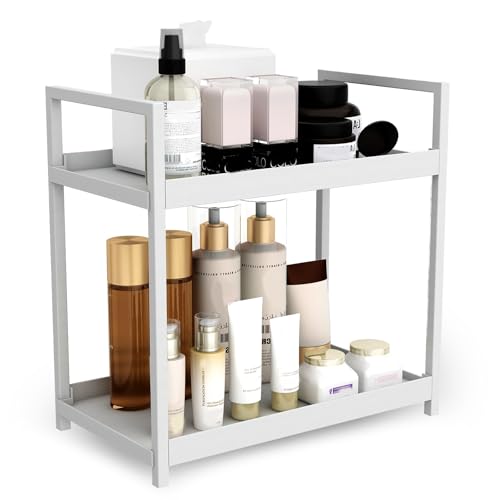2-Tier Bathroom Countertop Organizer Multifunctional Vanity Tray Cosmetic and Makeup Storage Rack Kitchen Spice Shelf Freestanding Organizer (White) - color: White