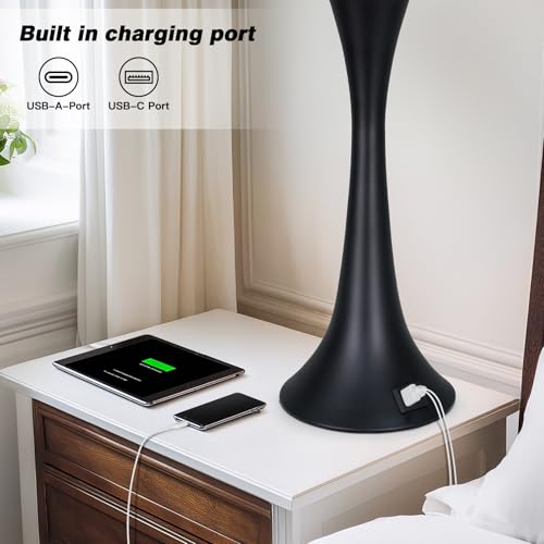 27.5" Black table Lamps for Living Room, Touch Control 3-Way Dimmable Bedside Nightstand Lamps Bedroom Lamp,Modern Black Table Lamp with USB A+C Ports,Tall Lamps for Living Room End Table（1Pack） - color: Black (1 Pack)
