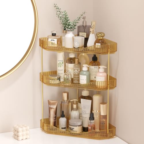 Lifewit 3-Tier Corner Bathroom Counter Organizer, Plastic Makeup Skincare Organizers Storage Countertop, Large Sink Cosmetic Perfume Shelf for Bedroom, Dresser, Kitchen, Vanity, Gold, 25 cm/10inch(H) - color: Gold, size: 3 Tier