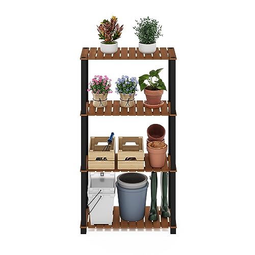 Furinno Pangkor 4-Tier Turn-N-Tube Indoor Outdoor Plant Shelf Wood Stand with Square Poles, Natural/Black - style: 4 Tier Square Poles
