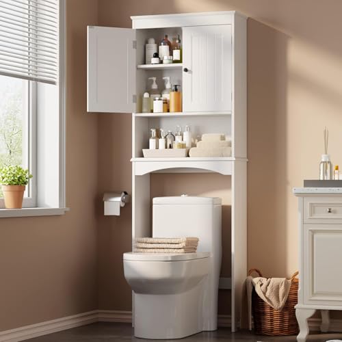 Gizoon Over the Toilet Storage Cabinet with Adjustable Shelf, White | Bathroom Space Saver Organizer Above Toilet with Open Shelf and Double Doors, Taller Wooden Free Standing Toilet Rack - color: White