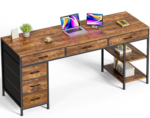 Huuger Computer Desk with 6 Drawers, Office Desk with Shelves, Reversible Gaming Desk, Large Corner Desk with Storage, Work for Home Office, Study, Living Room, 63inch, Rustic Brown - color: Rustic Brown, size: 63 inch