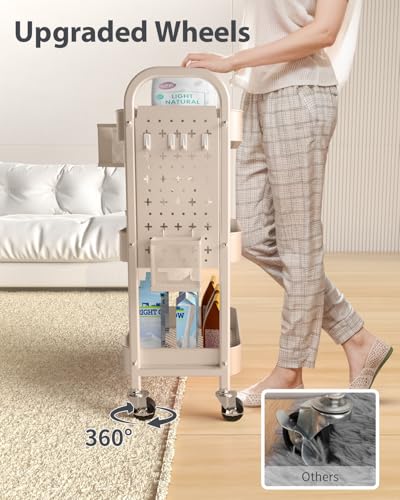 ALVOROG 3 Tier Rolling Cart with DIY Pegboards Metal Utility Cart with Wheels Handles Baskets Hooks, Craft Cart for Office Kitchen Bathroom(Khaki) - color: Khaki