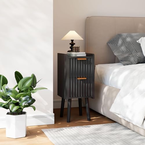 IBUYKE Narrow Nightstand,Slim Bedside Table with 2 Drawer,Black UWNS015B | Space Saving,Skinny Bedside Table for Small Spaces,Wood Side End Tables for Bedroom Living Room