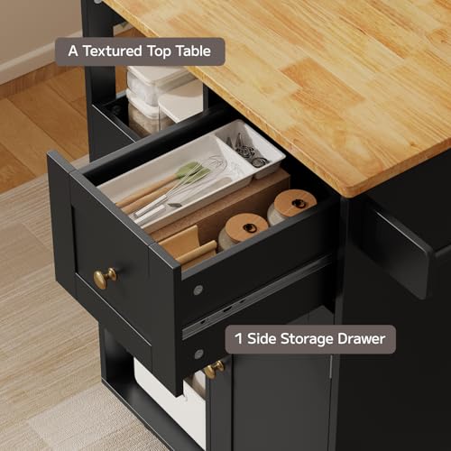 Gizoon Kitchen Island Cart on Wheels, with Thickened Wooden Countertop, Rolling Serving Utility Cart with Drawers and Doors, Bar Cart with Adjustable Shelf and Removable Tray for Dining Room, Black - color: Black & Tabletop-oak Color