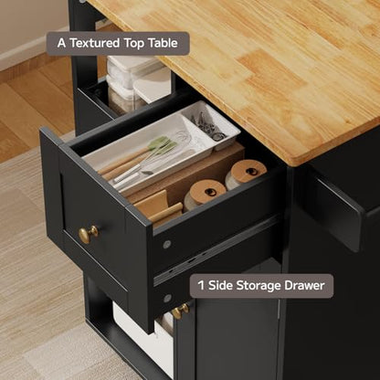 Gizoon Kitchen Island Cart on Wheels, with Thickened Wooden Countertop, Rolling Serving Utility Cart with Drawers and Doors, Bar Cart with Adjustable Shelf and Removable Tray for Dining Room, Black - color: Black & Tabletop-oak Color