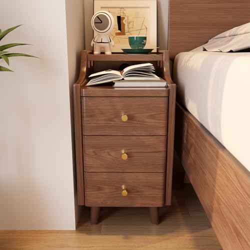 Solid Wood Narrow Nightstand with Drawers,Walnut Nightstand Wood Bedside Table Modern for Bedroom,Study,Toilet - color: Walnut, size: 15.75"D x 11.81"W x 23.62"H(3 Drawers)